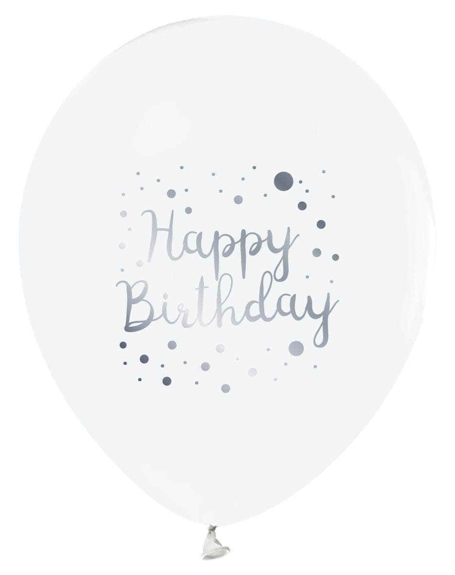 БАЛОН ЕВИ БЯЛ СЪС СРЕБЪРНА ЩАМПА HAPPY BIRTHDAY 30см.