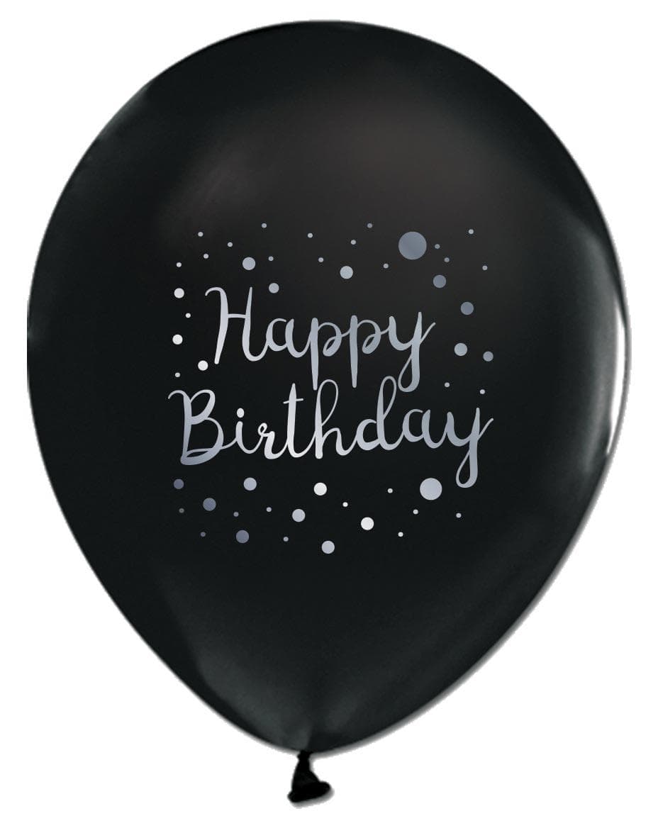 БАЛОН ЕВИ ЧЕРЕН СЪС СРЕБЪРНА ЩАМПА HAPPY BIRTHDAY ТОЧКИ 30см.