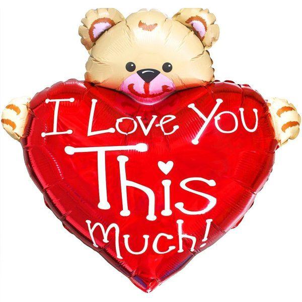 Балон фолио с формата на сърце мече червен с надпис I love you this much