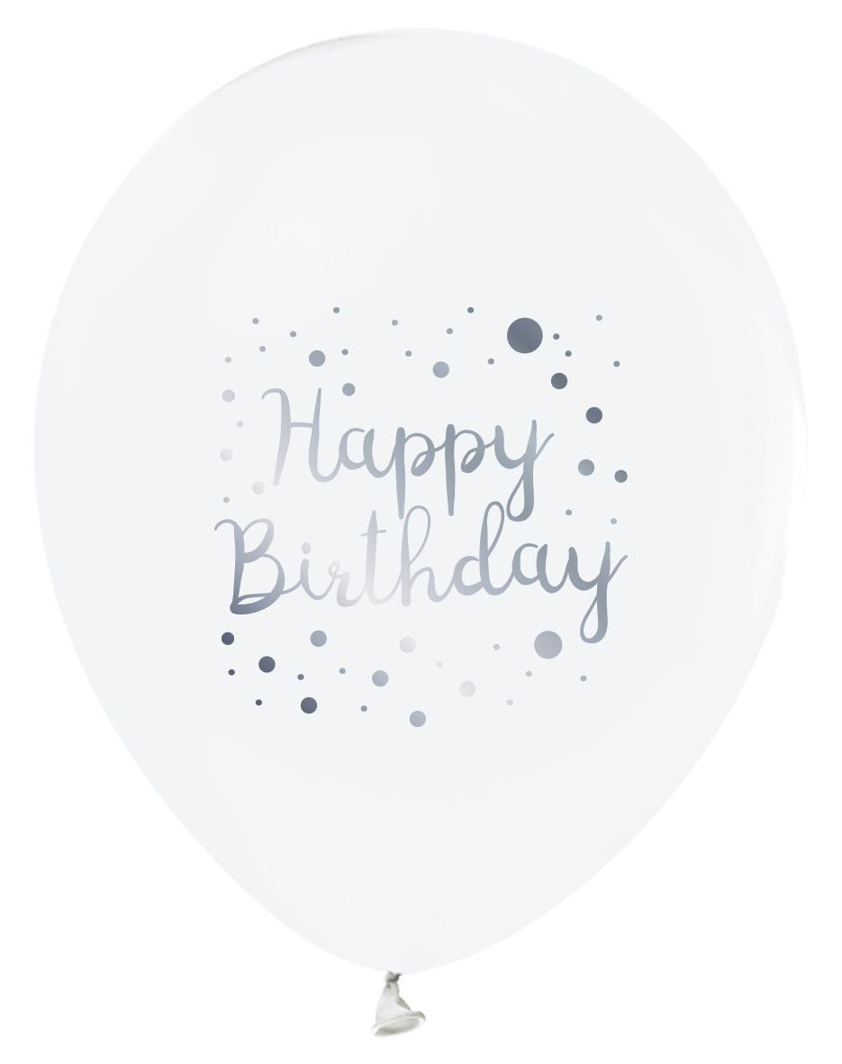 БАЛОН ЕВИ БЯЛ СЪС СРЕБЪРНА ЩАМПА HAPPY BIRTHDAY 30см.