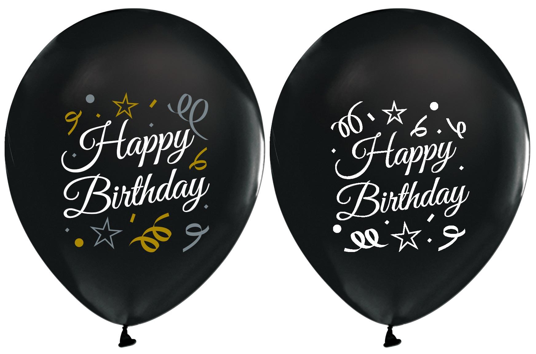 БАЛОН ЕВИ ЧЕРЕН СЪС СРЕБЪРНА ЩАМПА HAPPY BIRTHDAY КОНФЕТИ 30см.