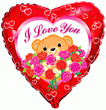 Балон фолио с формата на сърце червен с мече с букет и надпис " I love you "