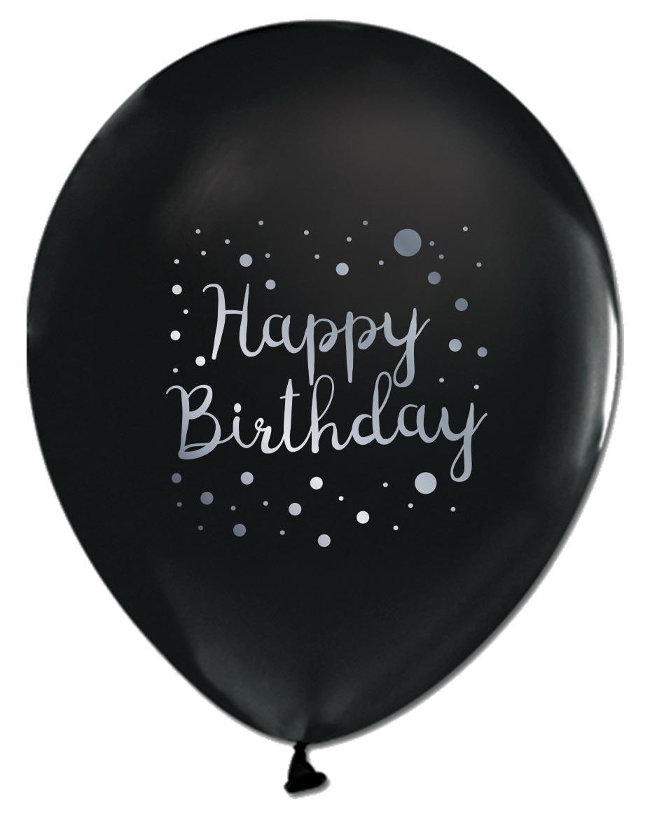 БАЛОН ЕВИ ЧЕРЕН СЪС СРЕБЪРНА ЩАМПА HAPPY BIRTHDAY ТОЧКИ 30см.